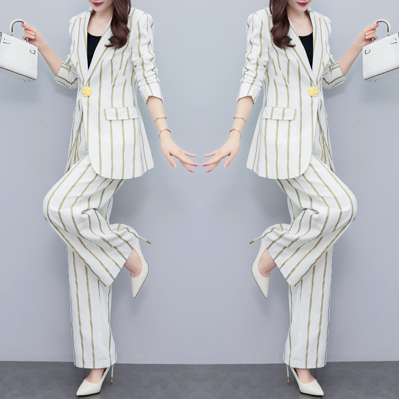 High-End Popular Women's Suit Set 2024 Spring New Wide-Leg Pants Elegant Striped Blazer Two-Piece Set