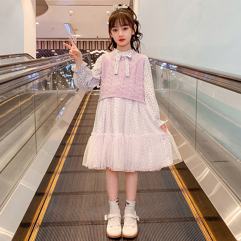 Girl Ocean Dress Spring Autumn Clothing 2022 New Tennis Red Children Suit Little Girl Foreign Pie Princess Dresses Long Sleeves Crushed Flowers