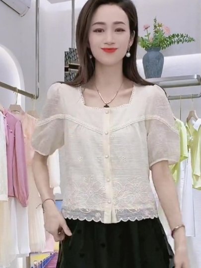 Lace Sheer Short-Sleeved Chiffon Blouse for Women, Summer 2025 New Style, Fashionable and Stylish, Petite Size, Tummy-Covering French Top