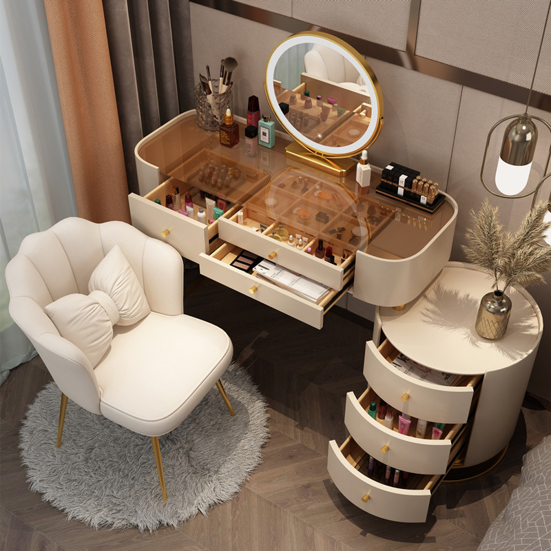 Makeup Bench Glass Light Extravagant Bedroom Modern Minima Nordic Upscale Rock Board Makeup Table Small Family Type Containing Cabinet Integrated