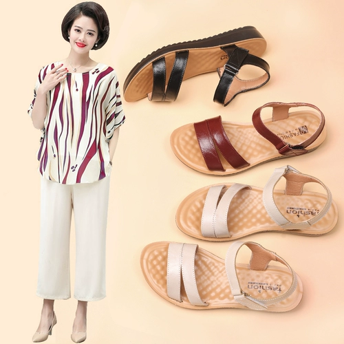 Летние сандалии для матери, нескользящая комфортная обувь, из натуральной кожи, мягкая подошва, для среднего возраста