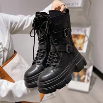 Martin boots woman 2022 autumn winter new sw genuine leather thick bottom muffin leather strap buckle lacing casual Inn wind middle cylinder boot