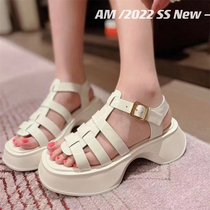 Europe station 2022 Summer new square head genuine leather woven thick bottom Roman sandals women Fashion heightening Pig Cage Shoe Tide