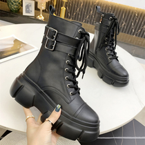 Martin Boots Woman SW HSA Genuine Leather 2022 Autumn Winter New Thick Bottom Heightened Belt Buckle Side Zip Plus Suede Short Boots