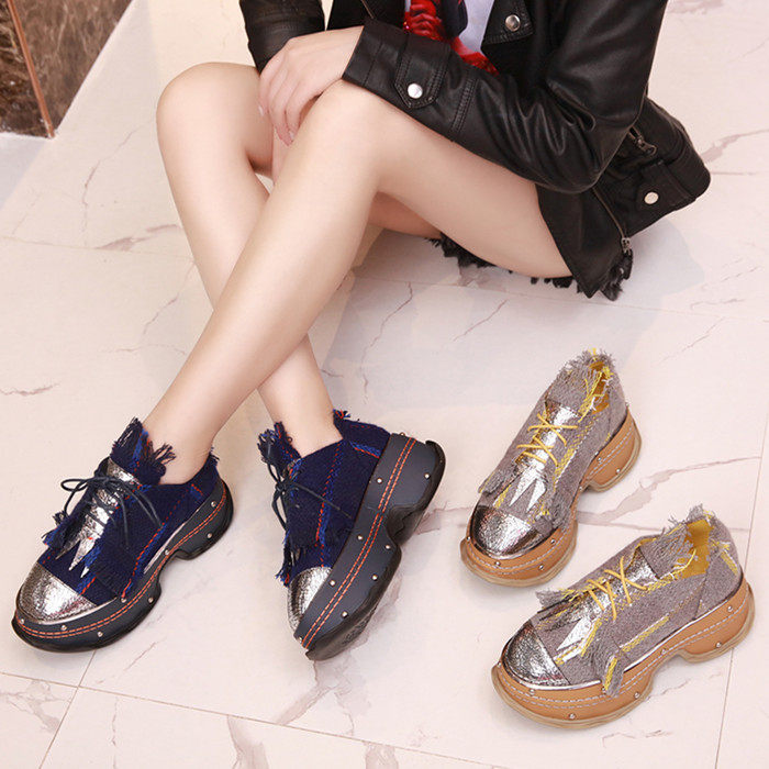 Dad shoes trend 2022 spring and autumn models SW HSA thick-soled knitted casual color-blocking burst cracked sponge cake bottom tassel women's shoes