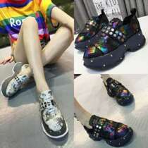 European Station SW Women Shoes Spring Autumn New Pine Cakes Thick Bottom Old Daddy Shoes Magic Sticker Colorful Mahair Lace Casual Single Shoes