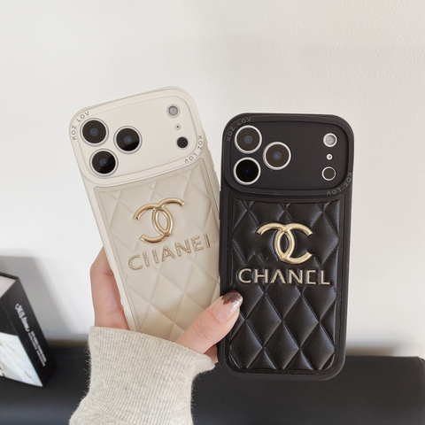 Quilted Leather Pattern With Gold Emblem & Lanyard Strap – Pro/Plus/Max/Air – 17, 16, 15, 14, 13, 12 iPhone Case