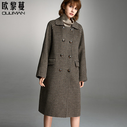 欧黎蔓复古格子双面羊绒大衣2018秋冬新款千