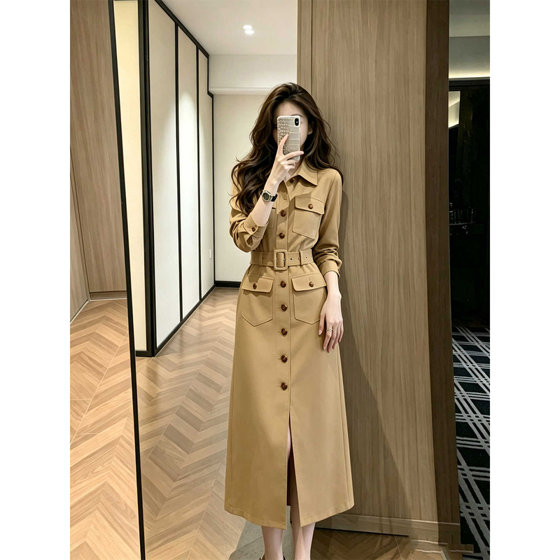 2026 Kochi Commuting Outfit: Very Stylish, Elegant, and Sophisticated French-Style Khaki Dress with a Cinched Waist for Women in Autumn