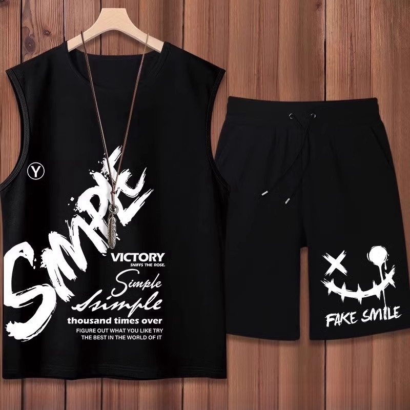 Vest and Shorts Set for Men, Plus Size, Summer Loose Fit, Handsome and Trendy T-Shirt, Men's Sports Sleeveless Suit