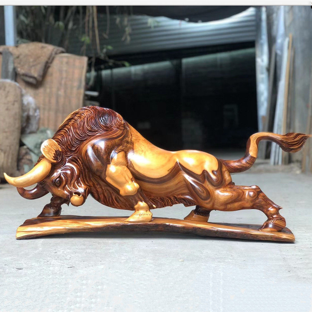 Camphor cow ornaments Reverse Qiankun rosary carving Office decoration Living room cliff cypress root carving wood carving cow skyrocketing