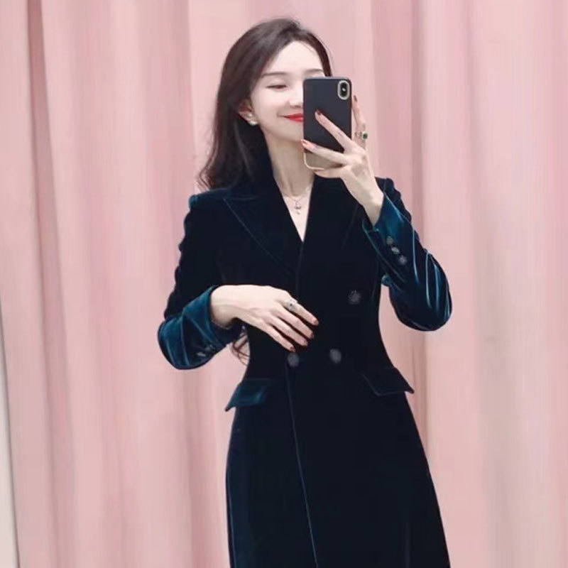 Lake Blue Silk Velvet Mid-Length Trench Coat, Velvet Slim-Fit Double-Breasted Blazer, Vintage Waist-Cinching Dress