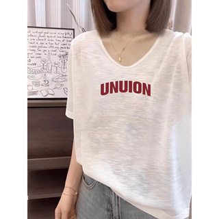 White V Neck Loose Thin Snowflake Cotton Short-Sleeved T-Shirt for Women European Station 2025 Summer New Style Good-Looking Versatile Top