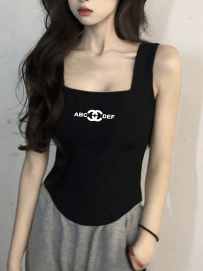 Slim square collar black pure cotton camisole women's European product 2025 summer new irregular letter bottoming top