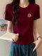 Burgundy Short Round Neck Style Short-Sleeved T-Shirt for Women European Station 2025 Summer New Slim Zodiac Year T-Shirt