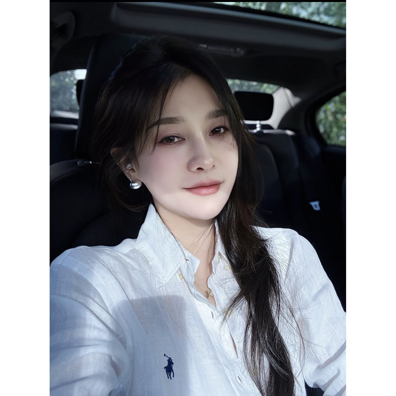 American Raffia Linen Shirt for Women, Rl Pony Logo Embroidery, Spring and Summer Long-Sleeved Thin Loose Sun-Protective White Shirt, Outlet