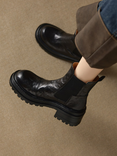 Soft Sheepskin Retro Genuine Leather Chelsea Boots for Women, British Style Street Style Short Boots, Distressed Martin Boots