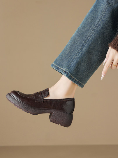 Running Around Won'T Tire You Out! soft sole ! Retro Jk British-Style College Velvet-Lined Round-Toe Flats, Genuine Leather Thick-Soled Loafers for Women