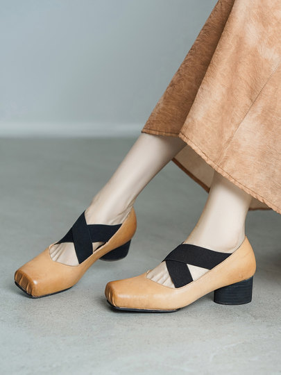 Original Bridal Wedding Shoes! soft sole Horse Leather Pig-Nose Thick-Heeled Ballet Shoes for Women, Mary Jane Mid-High Heel Single Shoes