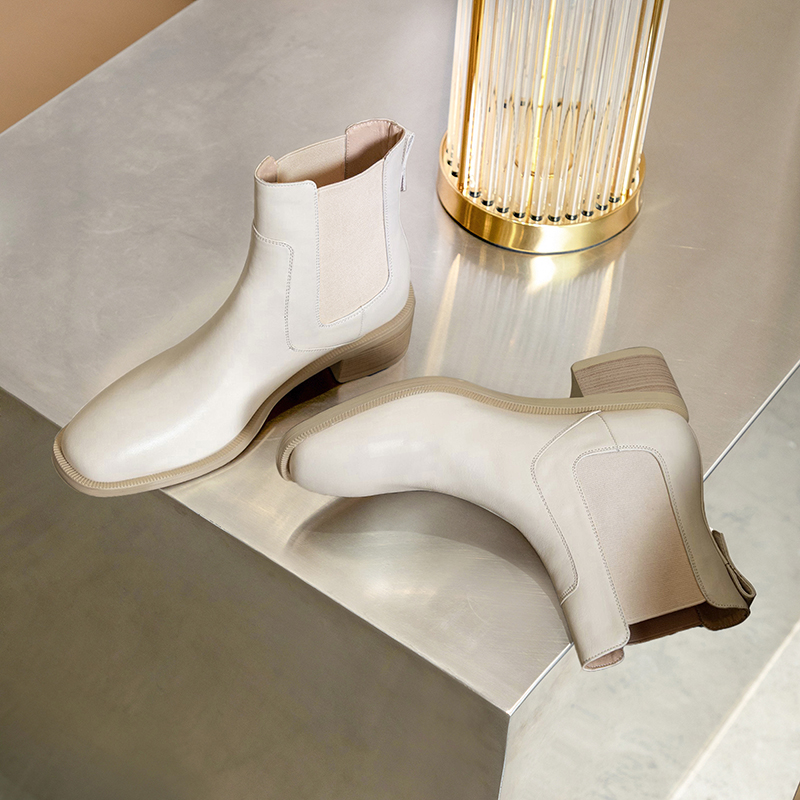 Chelsea boots women's autumn and summer short tube velvet square head and bare boots Thick heel leather wild high-heeled beige boots