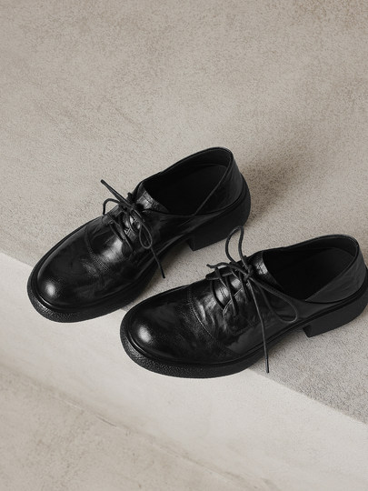 Original Soft Sheepskin British Style Thick-Soled Deep-Cut Women's Lace-Up Leather Shoes with Chunky Heels, Retro Loafers