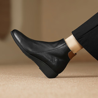 Super Soft First-Layer Sheepskin Small Wedge Heel Short Boots for Women, Winter Size 40, Genuine Leather, Soft Sole, Comfortable, Not Tiring, Slimming Mid-Heel Ankle Boots