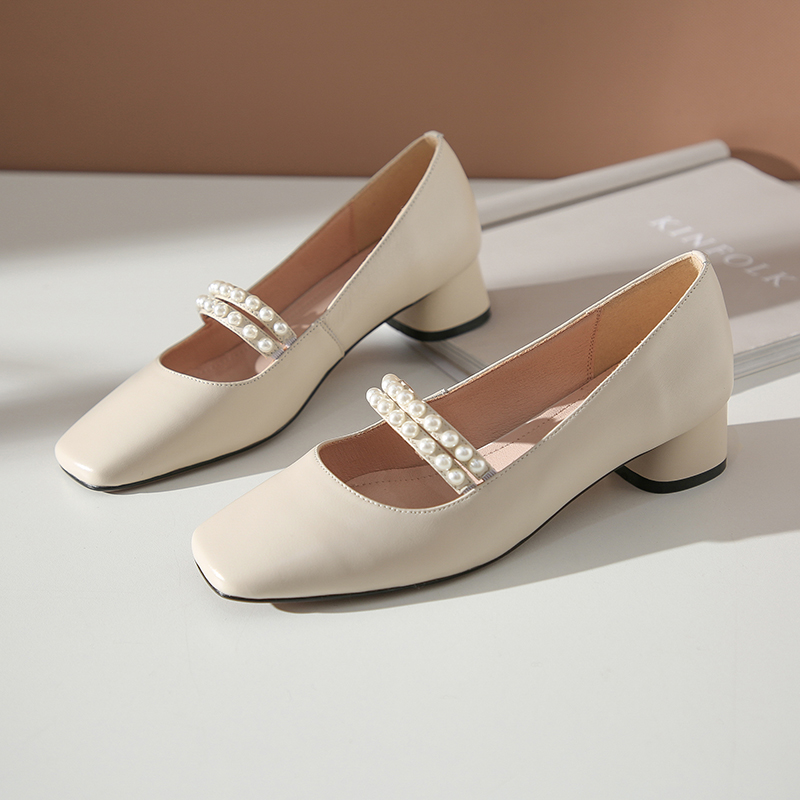 Rough heels single shoes woman 2020 autumn new Mary Pearl Pearl Hundred Middle Slippers