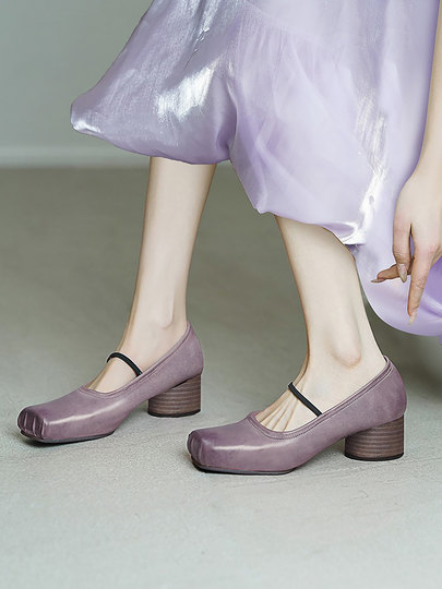 Original Taro Purple Horse Leather Pig Nose Fashion Ballet Shoes for Women, Mid-Heel Single Shoes to Match Skirts, High-Heeled Mary Janes
