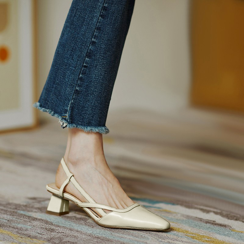 Baotou sandals women's spring and summer thick heels leather middle heels elegant all-match fashion back empty single shoes one word buckle high heels