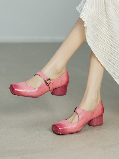 Original Ultra-Soft Washed Horse Leather Retro Mary Jane Shoes for Women, Spring Mid-Heel Chunky Heel Soft Sole Pig Nose Ballet Flats