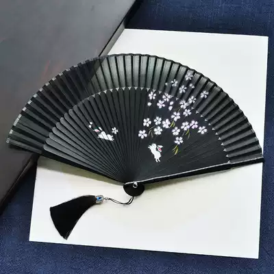 Chinese style black folding fan Hanfu cheongsam sexy cool silk fan surface opening and closing smooth dancing female portable ancient style