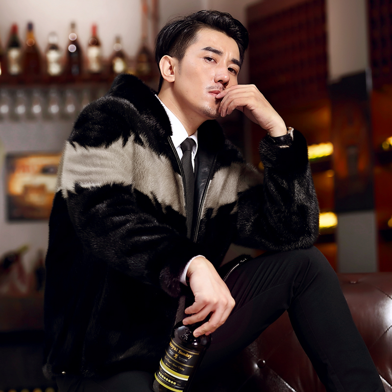 New Haining Mink Fur Coat Men's Fur Mink Hair Whole Mink Short Hooded Haining Fur Coat Thickened Coat