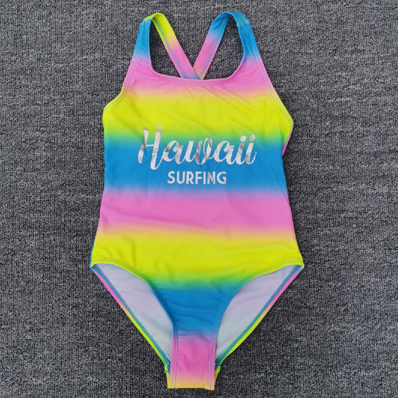 Foreign trade export girls' swimsuit one-piece girl middle-aged and older children 7-14 years old rainbow gradient letters ironing silver quick-drying swimsuit