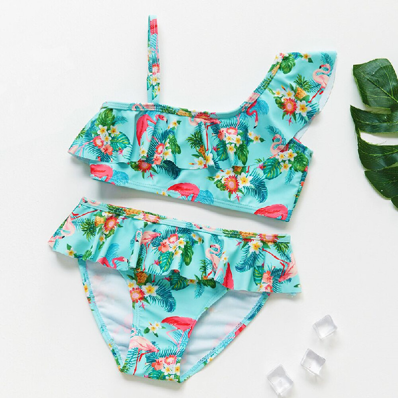 Child bathing suit Two-type girl child girl baby girl baby girl cute lotus leaf edge fashion flower speed dry swimsuit summer