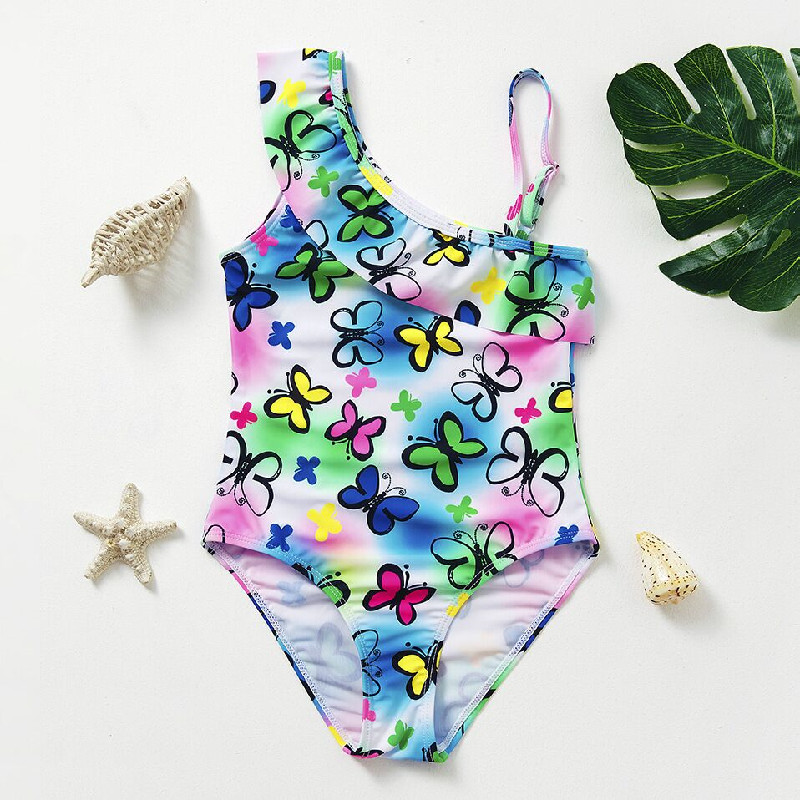 Foreign Trade Outlet Girl Swimsuit Girl Swimsuit Girl Cute Butterfly Printed Sloped Shoulder of lotus Children's swimsuit for children