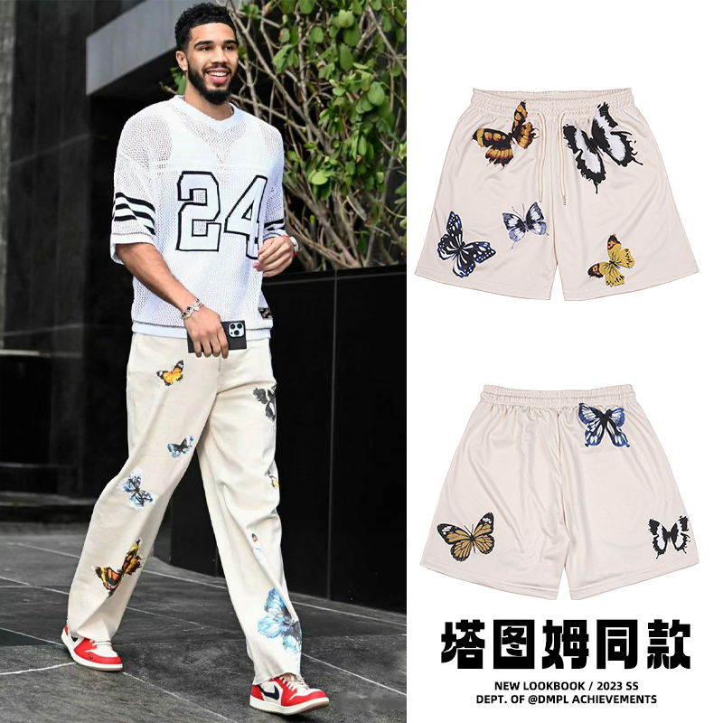 Smvp Tatum Style Butterfly Print Shorts Youth Sports Mesh Breathable Basketball Shorts Loose Five-Point Shorts