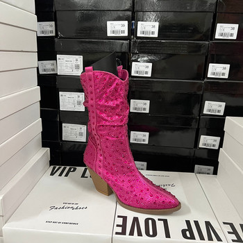 Export original order, foreign trade code broken, leaked, fashionable women's boots, pointed toe, thick heel, full diamond mid-calf boots