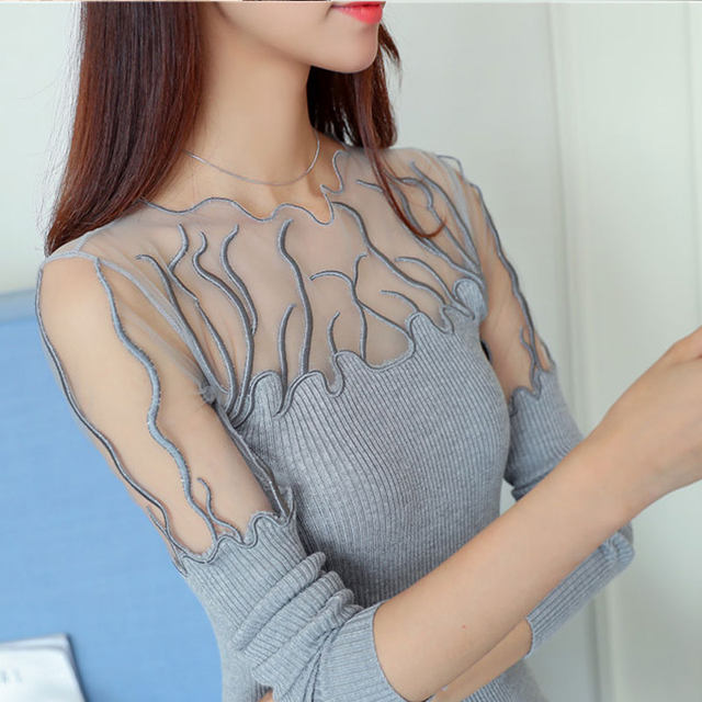 Bottom shirt female lace splicing slim knitted top thin sweater design sense niche female spring and autumn new inner wear