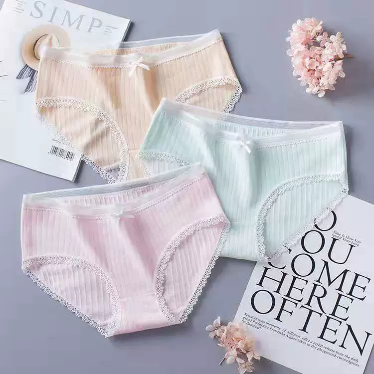 Đồ lót đô thị nữ cotton cotton 100% kháng khuẩn lady girl đen trắng tóm tắt ren mùa hè - Eo cao
