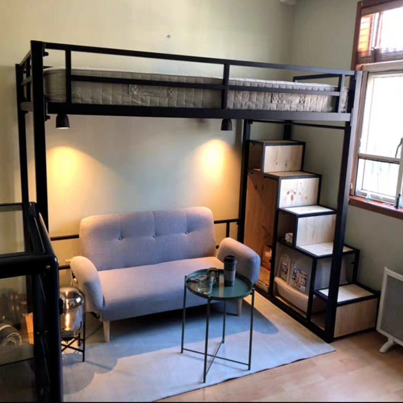 Upper floor bed loft elevated bed bed under bed sofa household upper and down room iron bed and under bed table