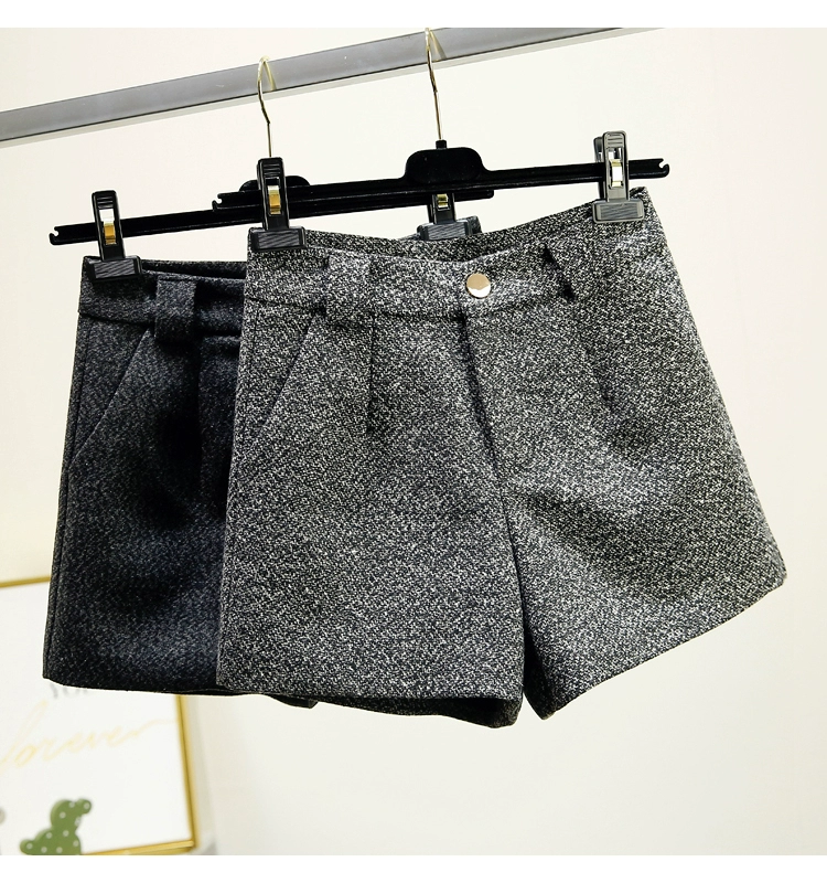 Quần short len ​​nữ mùa thu đông 2018 phiên bản mới của Hàn Quốc có cạp cao là quần ống rộng cạp cao hoang dã mặc quần ống rộng