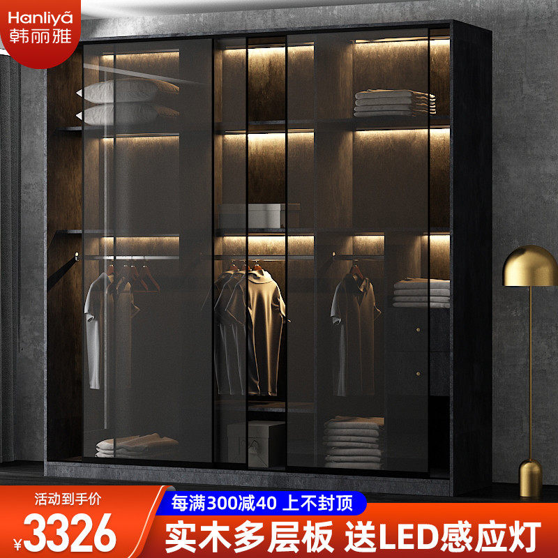 Light luxury glass door household wardrobe Solid wood sliding door sliding door Bedroom system wardrobe custom simple large wardrobe