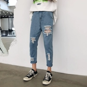 Mùa hè quần jeans nam 9 điểm lỗ nam phiên bản Hàn Quốc của xu hướng tự tu luyện 乞丐 quần thủy triều thương hiệu quần âu - Quần jean