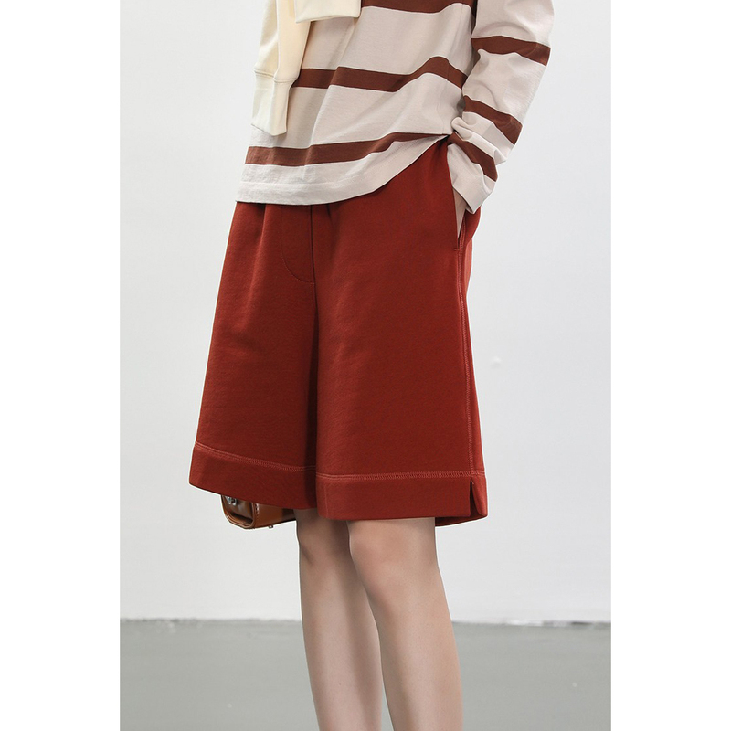 Three Colors Available, Various Layering Styles, Comfortable Terry Cotton Drawstring Elastic Waist Double-Pocket Shorts, Casual Mid-Length Pants