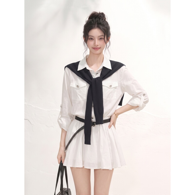 Lixiaowan Korean Style High-Fashion White Shirt Dress for Women, New Autumn Collection, Stunning and Slimming Puffy Short Skirt
