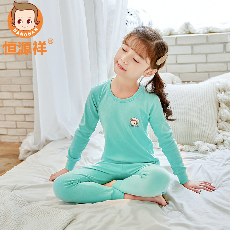 Hengyuanxiang childrens trai bông bộ đồ lót và cô gái mùa thu quần quần áo mùa thu học sinh tiểu học trong bông cổ áo len t-cổ bông.