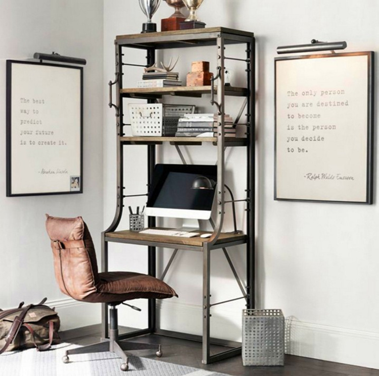 American LOFT wrought iron solid wood shelf creative retro desk bookshelf personality study room with drawer computer desk