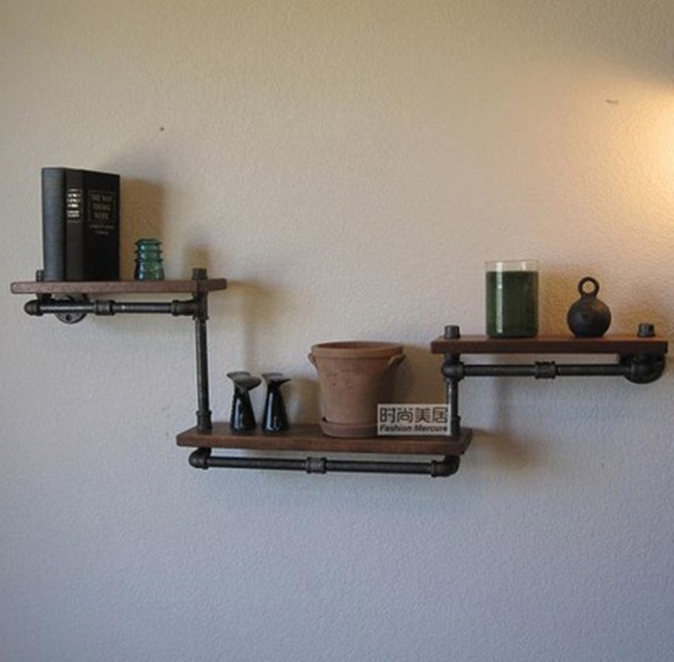 American country retro old loft style wrought iron solid wood shelf water pipe bookshelf clapboard shelf special offer