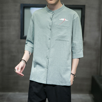 Chinese style embroidered seven-point sleeve shirt mens thin casual large size 7-point short sleeve shirt loose mid-sleeve shirt summer