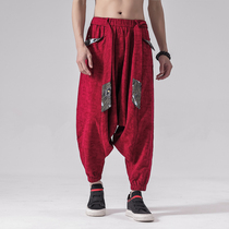 Chinese style cotton and linen low crotch pants big crotch crotch crotch pants men loose size national wind bundle feet Haren pants trend